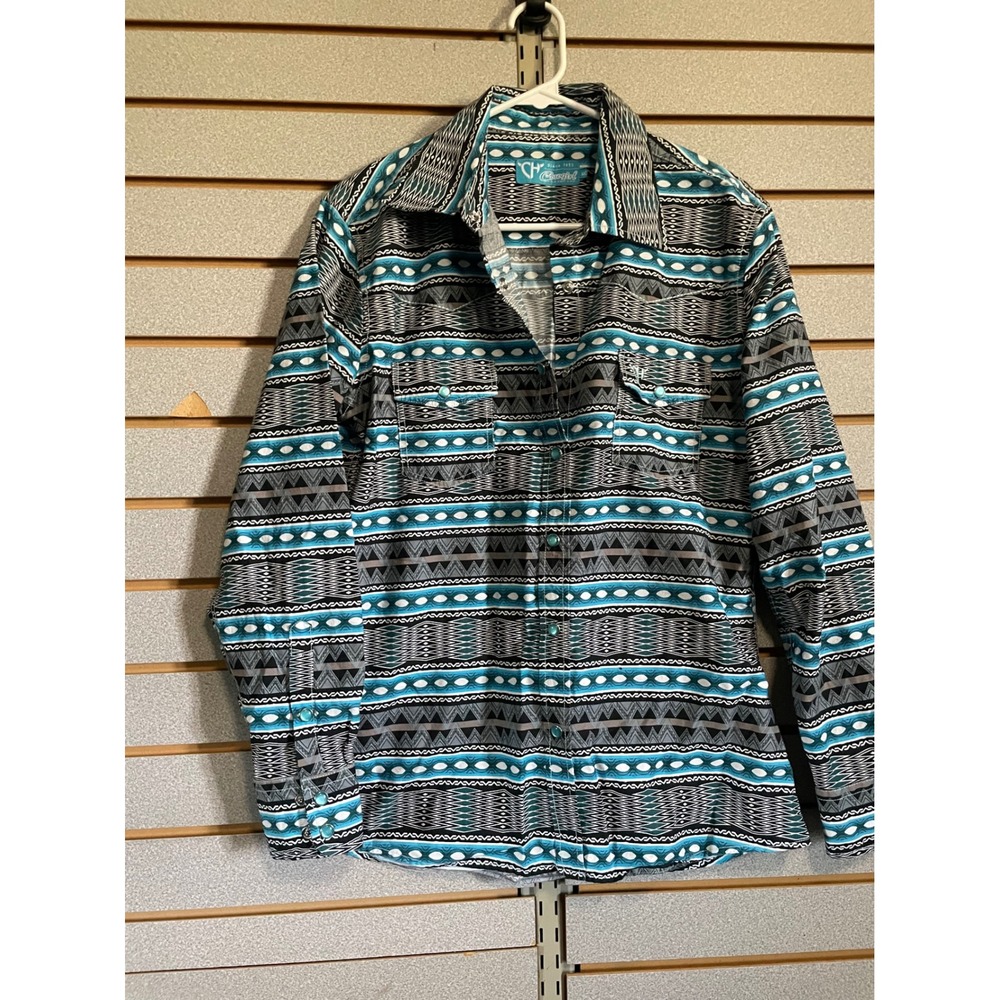 Cowgirl Hardware Western Shirt Aztec Print Turquoise Gray Womens Rodeo Medium